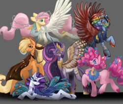 Size: 2670x2265 | Tagged: safe, artist:birdelf, imported from derpibooru, applejack, fluttershy, pinkie pie, rainbow dash, rarity, twilight sparkle, alicorn, earth pony, pegasus, pony, unicorn, alternate design, cape, clothes, female, flying, glasses, goggles, goggles on head, gray background, high res, long mane, mane six, mare, round glasses, simple background, spread wings, twilight sparkle (alicorn), uniform, wings, wonderbolts dress uniform