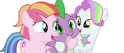 Size: 1006x435 | Tagged: safe, edit, editor:undeadponysoldier, imported from ponybooru, vector edit, coconut cream, spike, toola roola, dragon, earth pony, pony, best friends, cute, daaaaaaaaaaaw, female, filly, foal, friendship, group hug, happy, hug, male, ponytail, simple background, spikabetes, spikelove, transparent background, vector