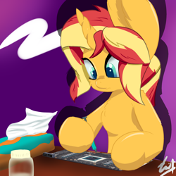 Size: 2048x2048 | Tagged: safe, artist:dianetgx, imported from derpibooru, sunset shimmer, pony, unicorn, bottle, equestria girls 10th anniversary, female, graphics card, hoof hold, looking at something, mare, sitting, thermal paste, tissue box