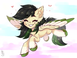 Size: 1600x1200 | Tagged: safe, artist:falafeljake, imported from derpibooru, oc, oc only, pegasus, pony, blushing, colored wings, colored wingtips, cute, ear fluff, eyebrows, eyebrows visible through hair, eyes closed, female, flying, grin, mare, ocbetes, pegasus oc, signature, smiling, solo, spread wings, unshorn fetlocks, wings