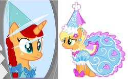 Size: 1263x782 | Tagged: safe, imported from derpibooru, applejack, earth pony, pony, unicorn, applejack also dresses in style, beautiful, bow, clothes, confused, dress, duo, duo female, ear piercing, female, flower, flower in hair, froufrou glittery lacy outfit, hat, hennin, jewelry, macy halbert, mirror, necklace, nexo knights, piercing, ponified, pretty, princess, princess applejack