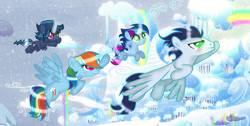 Size: 750x377 | Tagged: safe, artist:onyxdreamyt, imported from derpibooru, rainbow dash, soarin', oc, pegasus, pony, cloudsdale, colt, family, female, filly, flying, foal, male, mare, offspring, parent:rainbow dash, parent:soarin', parents:soarindash, shipping, soarindash, stallion, straight