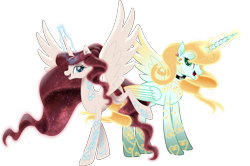 Size: 13616x9023 | Tagged: safe, artist:lincolnbrewsterfan, imported from derpibooru, oc, oc only, oc:iridia, oc:rosetta, alicorn, pony, my little pony: the movie, .svg available, alicorn oc, aura, blonde hair, blonde mane, blonde tail, blue eyes, bonnie zacherle, braid, choker, coat markings, colored wings, commissioner:dust rock, crossover, duet, duo, duo female, ear piercing, earring, ethereal hair, ethereal mane, ethereal tail, female, flourish, flourishes, folded wings, galaxy, galaxy mane, galaxy tail, gem, glowing, glowing mane, glowing tail, god empress of ponykind, gold, gradient wings, hair bun, heart, highlights, horn, horn ring, hourglass, inkscape, inspired by another artist, jewelry, lauren faust, long horn, long mane, long tail, looking at you, magic, magic aura, mane, mare, movie accurate, my little pony, one wing out, peytral, piercing, ponified, prancing, rainbow, red mane, red tail, redesign, regal, regalia, reimagined, remastered, ring, sand, shading, simple background, smiling, smiling at you, spread wings, starry mane, starry tail, svg, swirls, swirly markings, tail, tail wrap, tall, touching wings, translucent mane, transparent background, vector, warhammer (game), warhammer 40k, waving, wings, yellow hair, yellow mane, yellow tail