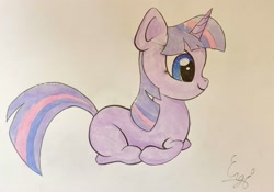 Size: 2189x1532 | Tagged: safe, artist:engi, imported from derpibooru, twilight sparkle, pony, unicorn, female, happy, lying down, missing cutie mark, ponyloaf, prone, simple background, solo, traditional art, unicorn twilight, watercolor painting