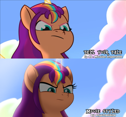Size: 2340x2160 | Tagged: safe, artist:aryatheeditor, imported from derpibooru, screencap, sunny starscout, alicorn, pony, spoiler:g5, angry, comparison, g4, g5, g5 to g4, generation leap, looking down, mission imponable, movie accurate, my little pony: tell your tale, screencap reference, solo