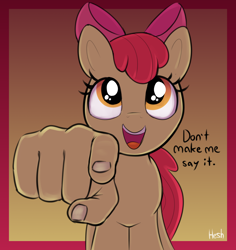 Size: 2640x2800 | Tagged: safe, artist:heretichesh, imported from derpibooru, apple bloom, earth pony, pony, female, filly, foal, gradient background, hand, looking at you, open mouth, pointing at you, solo, suddenly hands, text