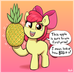 Size: 1544x1528 | Tagged: safe, artist:heretichesh, imported from derpibooru, apple bloom, earth pony, pony, female, filly, foal, food, gradient background, open mouth, pineapple, solo, sparkles, speech bubble, text