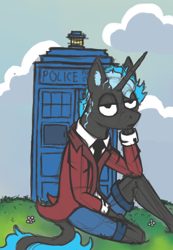 Size: 2126x3071 | Tagged: safe, artist:hrabiadeblacksky, imported from derpibooru, oc, oc only, oc:hrabia de black sky, anthro, unicorn, doctor who, male, solo, stallion, tardis