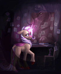 Size: 3324x4000 | Tagged: safe, artist:klarapl, imported from derpibooru, oc, oc only, oc:lotus cinder, oc:searing gale, kirin, fanfic:words of power, book, chair, clothes, desk, diagram, fanfic art, female, glowing, glowing horn, horn, lantern, mare, raised hoof, see-through, tail