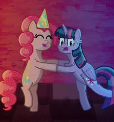 Size: 558x600 | Tagged: safe, artist:_healthpack_, imported from derpibooru, pinkie pie, twilight sparkle, alicorn, earth pony, pony, atg 2023, dancing, duo, female, newbie artist training grounds, twilight sparkle (alicorn)