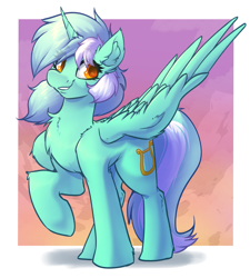 Size: 2912x3240 | Tagged: safe, artist:witchtaunter, imported from derpibooru, lyra heartstrings, alicorn, pony, alicornified, chest fluff, commission, ear fluff, gradient background, happy, looking at you, lyracorn, race swap, raised hoof, simple background, smiling, smiling at you, solo, spread wings, wings