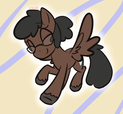 Size: 3250x3000 | Tagged: safe, artist:kruvvv, imported from derpibooru, oc, oc only, oc:velveteen vixen softheart, fly, insect, pegasus, pony, female, flying, glasses, happy, mare, pegasus wings, raised hoof, simple background, smiling, smirk, solo, spread wings, wings, yellow background