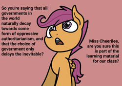 Size: 2048x1448 | Tagged: safe, artist:ewoudcponies, imported from derpibooru, scootaloo, pegasus, pony, authoritarianism, dialogue, female, implied cheerilee, mauve background, politics, simple background, speech, talking, text