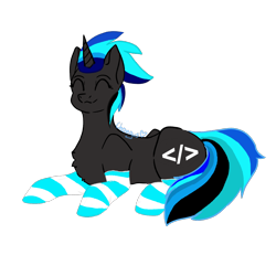 Size: 1080x1080 | Tagged: safe, artist:chongus, imported from derpibooru, oc, oc:source code, clothes, cute, eyes closed, female, horn, lying down, mare, signature, simple background, smiling, socks, striped socks, transparent background