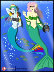 Size: 1500x1979 | Tagged: safe, artist:physicrodrigo, imported from derpibooru, fluttershy, rainbow dash, fish, mermaid, series:equestria mermaids, equestria girls, ponies of dark water, mermaidized, species swap