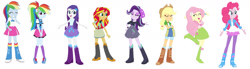 Size: 1280x353 | Tagged: safe, imported from derpibooru, applejack, fluttershy, pinkie pie, rainbow dash, rarity, starlight glimmer, sunset shimmer, equestria girls, boots, clothes, clothes swap, cowboy boots, cowboy hat, hat, shoes, socks