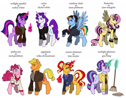 Size: 2048x1591 | Tagged: safe, artist:butchidiot, imported from derpibooru, applejack, fluttershy, pinkie pie, rainbow dash, rarity, starlight glimmer, sunset shimmer, twilight sparkle, earth pony, pegasus, pony, unicorn, alternate hairstyle, beanie, breaking bad, clothes, cosplay, costume, crossover, emoshy, female, frown, glasses, glowing, glowing horn, group, gus fring, hat, heisenberg, horn, jane margolis, jesse pinkman, kim wexler, lesbian, magic, mike ehrmantraut, one eye closed, saul goodman, simple background, skyler white, smiling, text, walter white, white background, wink