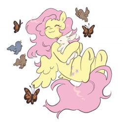 Size: 1440x1440 | Tagged: safe, artist:ghuoulish, imported from derpibooru, angel bunny, fluttershy, bird, butterfly, pegasus, pony, rabbit, animal, simple background, spread wings, white background, wings