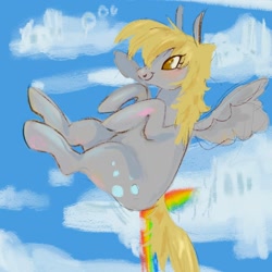 Size: 1080x1080 | Tagged: safe, artist:ombnom, imported from derpibooru, derpy hooves, pegasus, pony, cloud, flying, smiling, solo, spread wings, wings