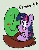 Size: 136x173 | Tagged: safe, artist:purppone, twilight sparkle, oc, oc:anon, human, pony, blushing, cheek kiss, smooch