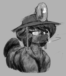 Size: 585x675 | Tagged: safe, artist:reddthebat, imported from derpibooru, oc, oc only, oc:number nine, earth pony, pony, cigarette, coal, dirty, female, floppy ears, gray background, grayscale, headlamp, helmet, lidded eyes, mare, mining helmet, monochrome, simple background, smoking, solo