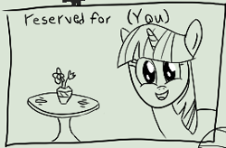 Size: 268x176 | Tagged: safe, artist:purppone, twilight sparkle, pony, unicorn, date, looking at you, monochrome, smiling at you, table, text, unicorn twilight