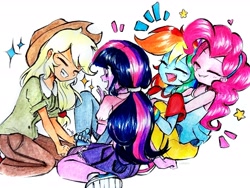 Size: 2471x1854 | Tagged: safe, artist:liaaqila, imported from derpibooru, applejack, pinkie pie, rainbow dash, twilight sparkle, human, equestria girls, barefoot, clothes, commission, eyes closed, feet, female, giggling, grin, group, laughing, open mouth, pajamas, quartet, simple background, sitting, smiling, tickling, traditional art, white background