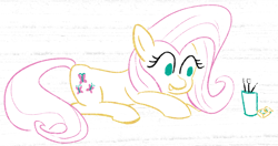 Size: 2832x1494 | Tagged: safe, artist:purppone, fluttershy, pony, brushes, lying down, solo, wingless