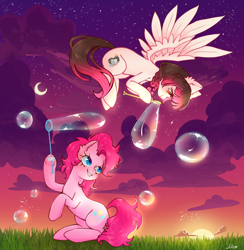 Size: 1210x1240 | Tagged: safe, artist:julieee3e, imported from derpibooru, pinkie pie, oc, oc:arwencuack, earth pony, pegasus, pony, bubble, fanart