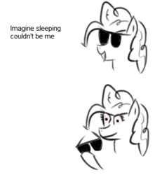 Size: 501x567 | Tagged: safe, artist:purppone, pinkie pie, pony, bloodshot eyes, comic, meme, solo, sunglasses