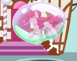 Size: 720x569 | Tagged: safe, artist:bladedragoon7575, imported from derpibooru, pinkie pie, earth pony, pony, bubble, cute, diapinkes, eyes closed, female, grin, in bubble, pinkie being pinkie, smiling, soap bubble, sugarcube corner, trapped