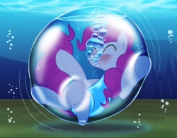 Size: 708x553 | Tagged: safe, artist:bladedragoon7575, imported from derpibooru, pinkie pie, earth pony, pony, bubble, bubble solution, clothes, cute, diapinkes, eyes closed, female, in bubble, pinkie being pinkie, puffy cheeks, swimsuit, underwater, water