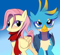 Size: 2341x2138 | Tagged: safe, derpibooru exclusive, imported from derpibooru, fluttershy, gallus, griffon, pegasus, pony, clothes, female, make, red scarf, scarf