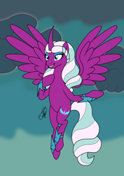 Size: 4960x7015 | Tagged: safe, artist:gabriel18017, imported from derpibooru, opaline arcana, alicorn, pony, belly, cutie mark, female, flying, g4, g5, g5 to g4, generation leap, long hair, long tail, mare, my little pony: a new generation, round belly, simple background, smiling, solo, tail