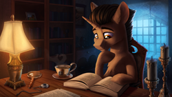 Size: 4142x2330 | Tagged: safe, artist:helmie-art, imported from derpibooru, oc, oc only, pony, unicorn, book, bookshelf, candle, chair, commission, cup, horn, lamp, magnifying glass, male, picture frame, sitting, solo, stallion, unicorn oc, window