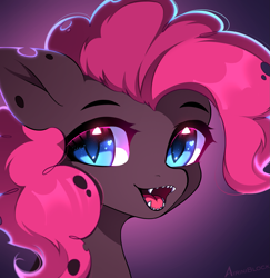 Size: 1497x1541 | Tagged: safe, artist:airiniblock, imported from derpibooru, pinkie pie, changeling, bust, changelingified, digital art, eye clipping through hair, fangs, female, gradient background, icon, looking at you, looking back, looking back at you, mare, purple background, purple changeling, purple mane, rcf community, simple background, solo, species swap