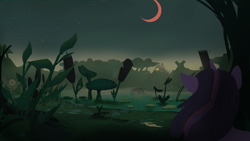 Size: 1920x1080 | Tagged: safe, artist:hierozaki, imported from derpibooru, twilight sparkle, pony, ambiguous race, crescent moon, female, house, looking away, mare, moon, scenery, solo, swamp