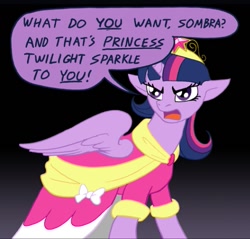 Size: 533x510 | Tagged: safe, imported from derpibooru, king sombra, twilight sparkle, alicorn, a somber meeting, clothes, coronation dress, dark, dress, element of magic, twilight sparkle (alicorn), twilight sparkle is not amused, unamused