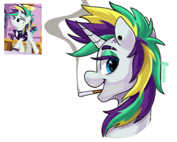 Size: 2500x2000 | Tagged: safe, artist:zendora, imported from derpibooru, screencap, rarity, pony, unicorn, alternate hairstyle, blue eyes, cigar, cigarette, cigarette smoke, female, g4, horn, looking at you, looking back, looking back at you, mare, punk, raripunk, rarity peplum dress, screencap reference, simple background, solo