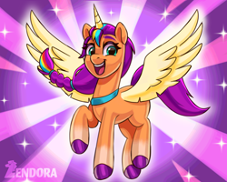 Size: 2500x2000 | Tagged: safe, artist:zendora, imported from derpibooru, sunny starscout, alicorn, pony, alicornified, artificial horn, artificial wings, augmented, colored hooves, female, g5, horn, looking at you, magic, magic horn, magic wings, mane stripe sunny, mare, my little pony: a new generation, my little pony: make your mark, my little pony: tell your tale, open mouth, open smile, pink background, purple background, race swap, shine, simple background, smiling, smiling at you, solo, sparkles, spread wings, sunburst background, sunnycorn, transformation, wings