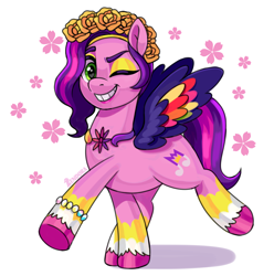 Size: 1974x1988 | Tagged: safe, artist:zendora, imported from derpibooru, pipp petals, pegasus, pony, spoiler:g5, spoiler:my little pony: make your mark, spoiler:my little pony: make your mark chapter 4, spoiler:mymc04e01, adorapipp, backwards cutie mark, bridlewoodstock, bridlewoodstock (make your mark), bridlewoodstock (tell your tale), cute, female, festive, floral head wreath, flower, g5, grin, looking at you, mare, my little pony: make your mark, my little pony: make your mark chapter 4, my little pony: tell your tale, one eye closed, pippsqueaks, princess, simple background, smiling, smiling at you, solo, white background, wings, wink, winking at you