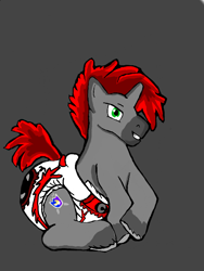 Size: 512x680 | Tagged: safe, artist:cavewolfphil, imported from derpibooru, oc, oc only, unicorn, diaper, diaper fetish, fetish, gray background, helluva boss, male, non-baby in diaper, simple background, sit, sitting, solo, stallion