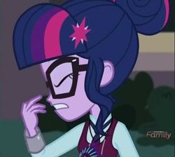 Size: 960x861 | Tagged: safe, imported from derpibooru, screencap, sci-twi, twilight sparkle, human, equestria girls, friendship games, bush, canterlot high, clothes, crystal prep academy uniform, eyes closed, female, glasses, hair bun, magic capture device, necktie, school uniform, schoolgirl, solo