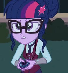 Size: 828x891 | Tagged: safe, imported from derpibooru, screencap, sci-twi, twilight sparkle, equestria girls, friendship games, bush, canterlot high, clothes, crystal prep academy uniform, female, glasses, hair bun, magic capture device, necktie, school, school uniform, schoolgirl, solo, unsure