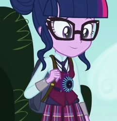 Size: 743x772 | Tagged: safe, imported from derpibooru, screencap, sci-twi, twilight sparkle, human, equestria girls, friendship games, backpack, bush, clothes, crystal prep academy uniform, glasses, hair bun, magic capture device, necktie, school uniform, schoolgirl, solo