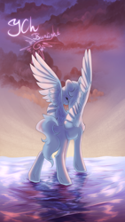 Size: 3240x5760 | Tagged: safe, artist:jsunlight, imported from derpibooru, oc, pegasus, pony, cloud, commission, solo, spread wings, sunset, water, wings, your character here