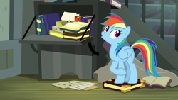 Size: 1280x720 | Tagged: safe, imported from derpibooru, screencap, rainbow dash, pony, daring don't, book, solo, typewriter