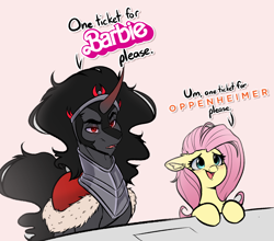 Size: 3024x2664 | Tagged: safe, artist:witchtaunter, imported from derpibooru, fluttershy, king sombra, pegasus, pony, unicorn, armor, barbenheimer, barbie, barbie (film), cape, chest fluff, clothes, crown, cute, dialogue, duo, duo male and female, ear fluff, female, floppy ears, jewelry, male, mare, meme, open mouth, oppenheimer, red eyes, regalia, stallion, talking, text