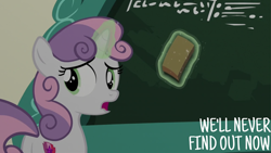 Size: 2019x1136 | Tagged: safe, edit, edited screencap, editor:quoterific, imported from derpibooru, screencap, sweetie belle, marks for effort, season 8, spoiler:s08, chalkboard, eraser, female, filly, foal, magic, mare, solo, telekinesis