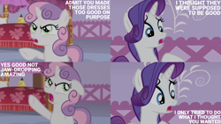 Size: 2000x1125 | Tagged: safe, edit, edited screencap, editor:quoterific, imported from derpibooru, screencap, rarity, sweetie belle, pony, unicorn, for whom the sweetie belle toils, season 4, angry, carousel boutique, female, mare, siblings, sisters